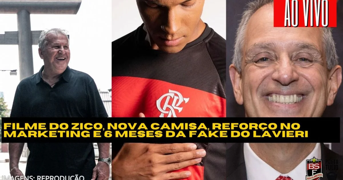Estádio com filmagem sobre ídolo, nova camisa em manequim com etiqueta R$99 e equipe de marketing — Flamengo, filme e camisa.