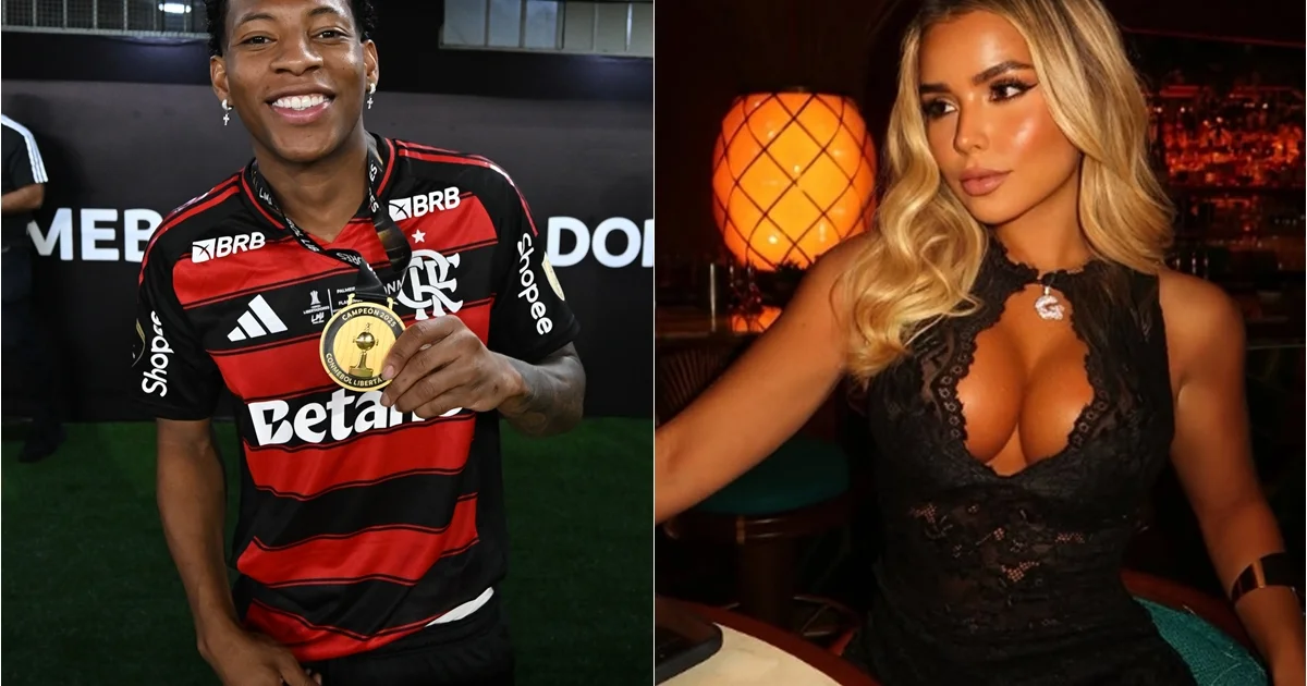 Estádio à noite: torcida com celulares reage a vídeo viral de jogador e influenciadora; luzes, flashes e cores rubro-negras.