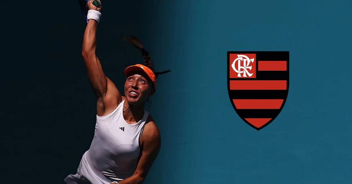 Ilustração editorial: exibição de tênis em Miami 10-8, torcedor com camisa vermelho-preto (Flamengo) vibrando na arquibancada.