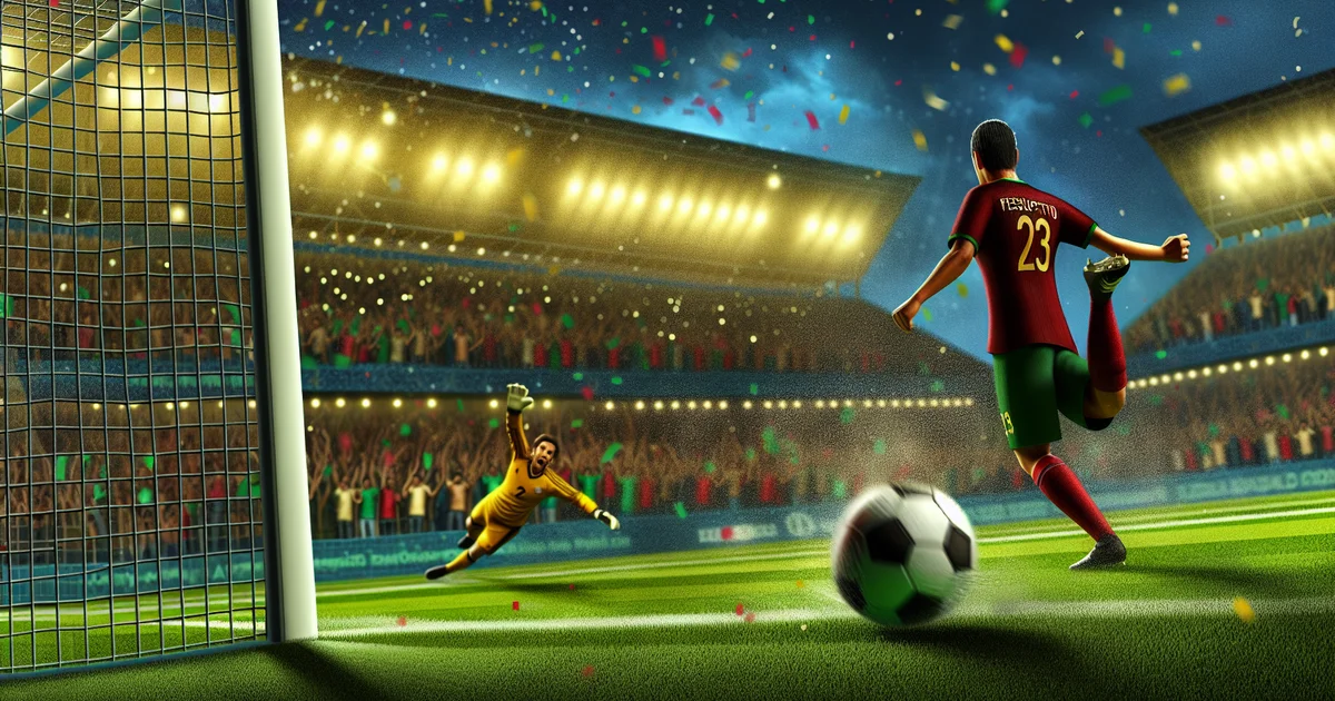 Kenedy marca golaço pelo Pachuca em virada: ilustração mostra atacante chutando ao ângulo, goleiro mergulha, estádio iluminado e torcida em êxtase