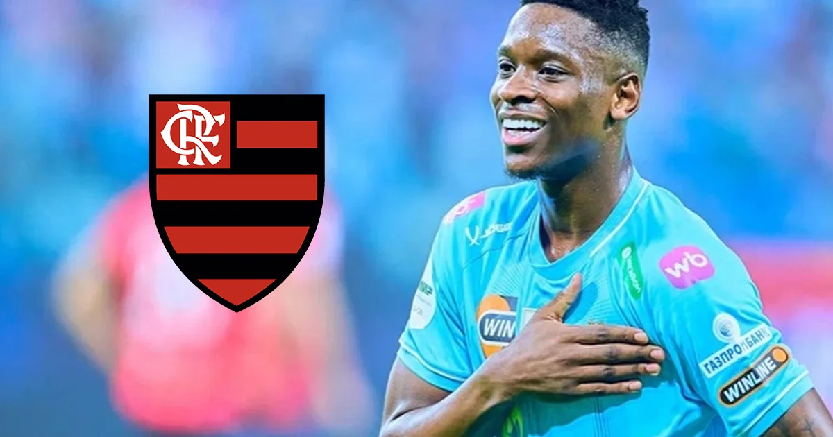 Ilustração editorial: estádio noturno, atacante anônimo com cores rubro-negras que remetem ao Flamengo, tag '€40M' e calendário de julho