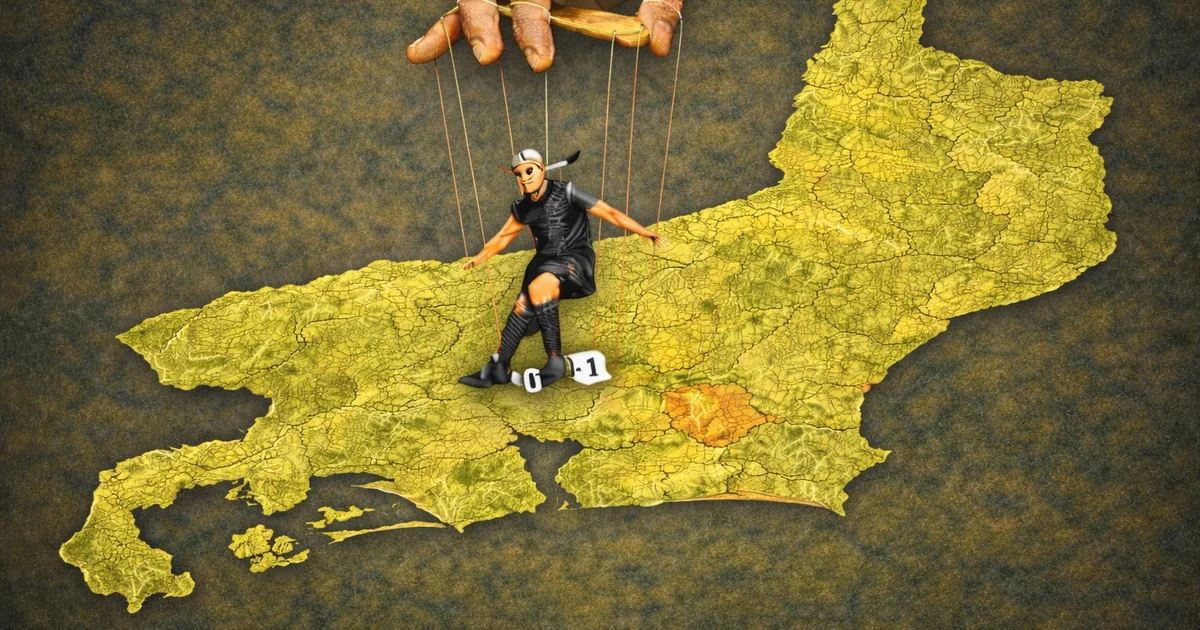 Mãos trocando envelope no campo do Carioca, estádio ao fundo, fita de investigação e jogadores em silhueta, tema manipulação