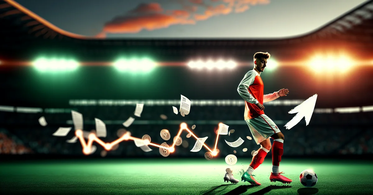 Ilustração editorial: meio-campista em uniforme vermelho e branco no estádio, com contratos e gráficos financeiros ao fundo.