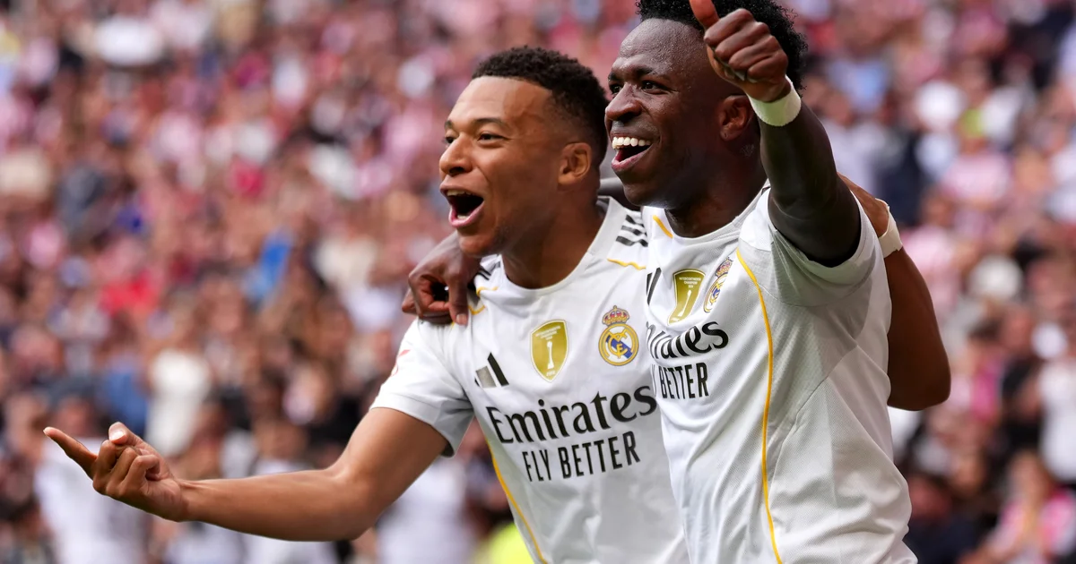 Ilustração editorial: astro europeu gesticulando para estádio vermelho e preto, evocando Mbappé e Flamengo na Copa Libertadores.