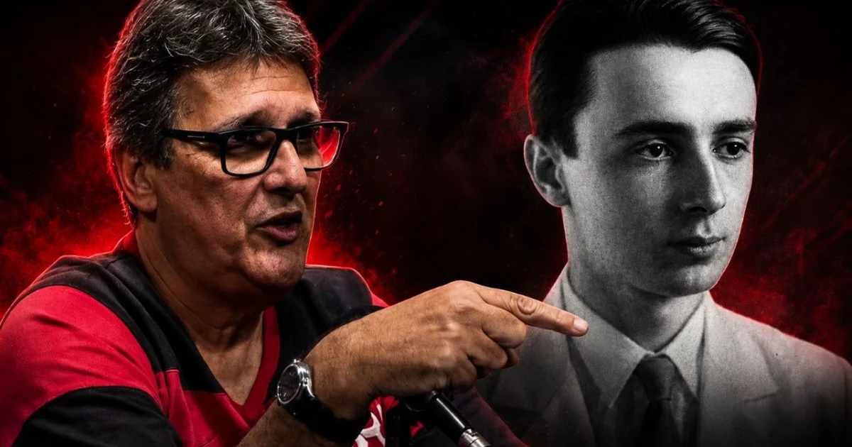 Mesa de arquivo com partituras, jornais e lupa; silhueta de cantor diante de estádio com bandeiras vermelho e preto — revisão histórica Noel Rosa e Flamengo.
