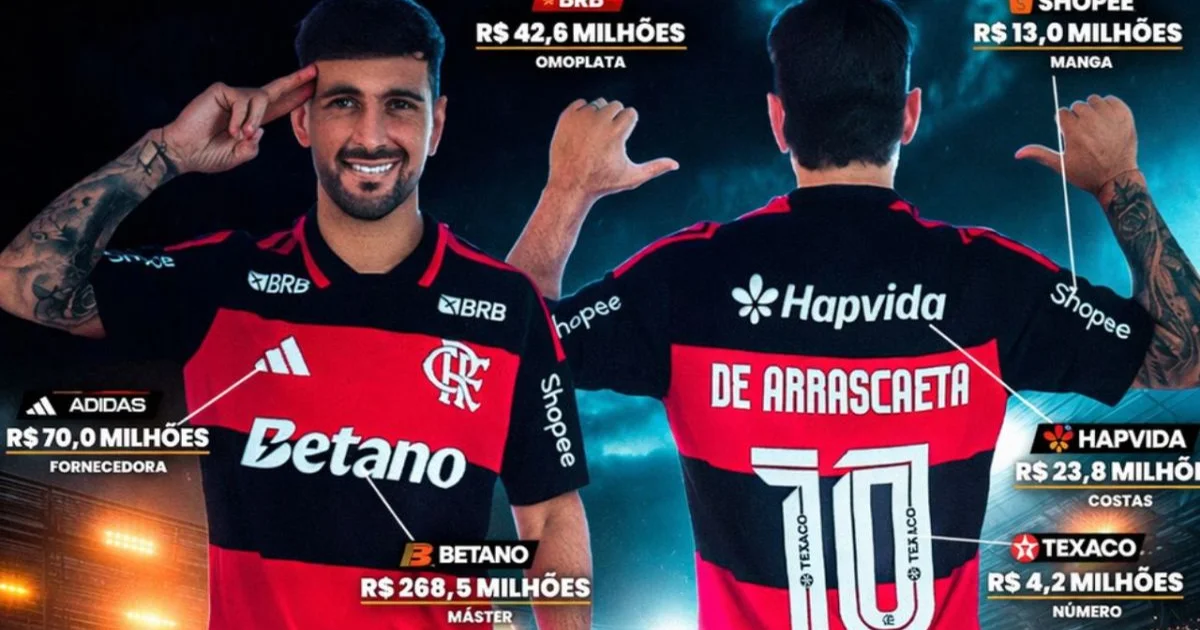 Ilustração: estádio lotado, camisa rubro‑negra sem logo, placar mostra R$463,75 milhões entre confetes e moedas.