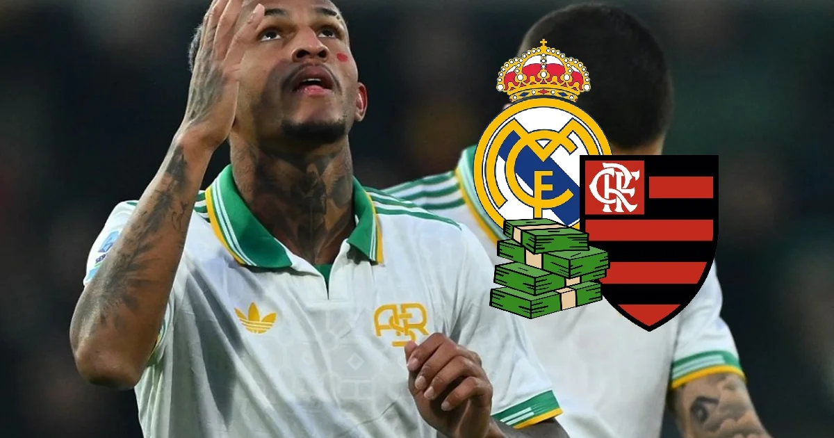 Ilustração editorial: lateral-direito jovem em ação no estádio, bandeiras rubro-negras, contrato e destaque '€35M' — Wesley, Flamengo e Real Madrid.