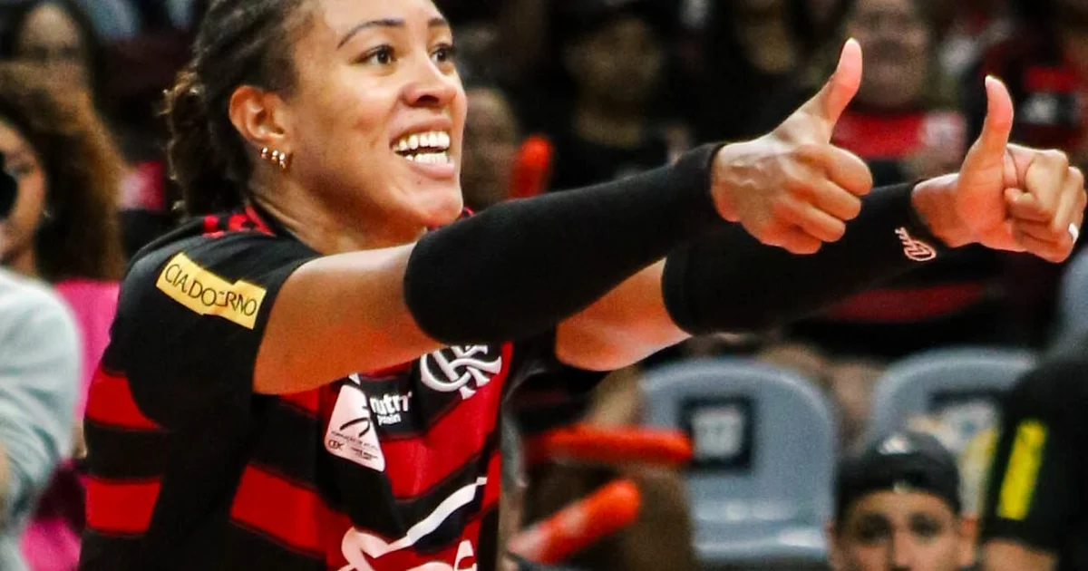 Ilustração de partida decisiva de vôlei no Tijuca: Sesc Flamengo em ação, torcida em vermelho e preto, placar apertado pela liderança da Superliga.