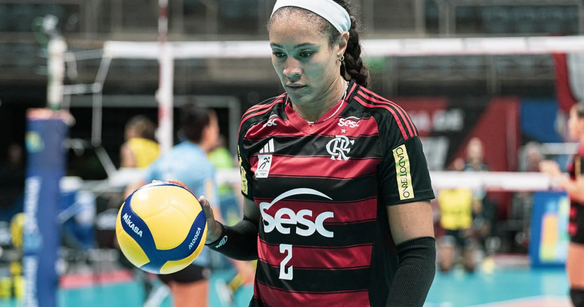 Ilustração editorial: ponteira Simone Lee atacando no Maracanãzinho; Sesc Flamengo celebra vitória por 3 a 0 e recuperação da equipe.