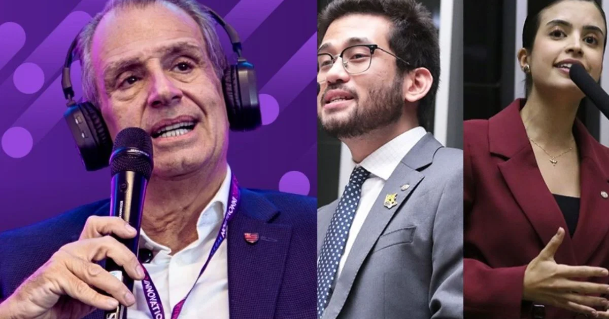 Estádio com dirigente sem rosto exibindo papéis com R$180–210 milhões, votos expostos, multidão e câmeras — tema tributação de clubes.