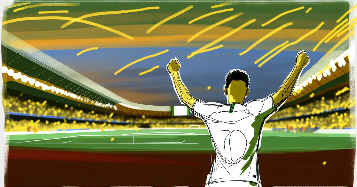 Atacante brasileiro comemorando o 70º gol na La Liga em estádio espanhol iluminado, placar com '70', torcida e confetes.