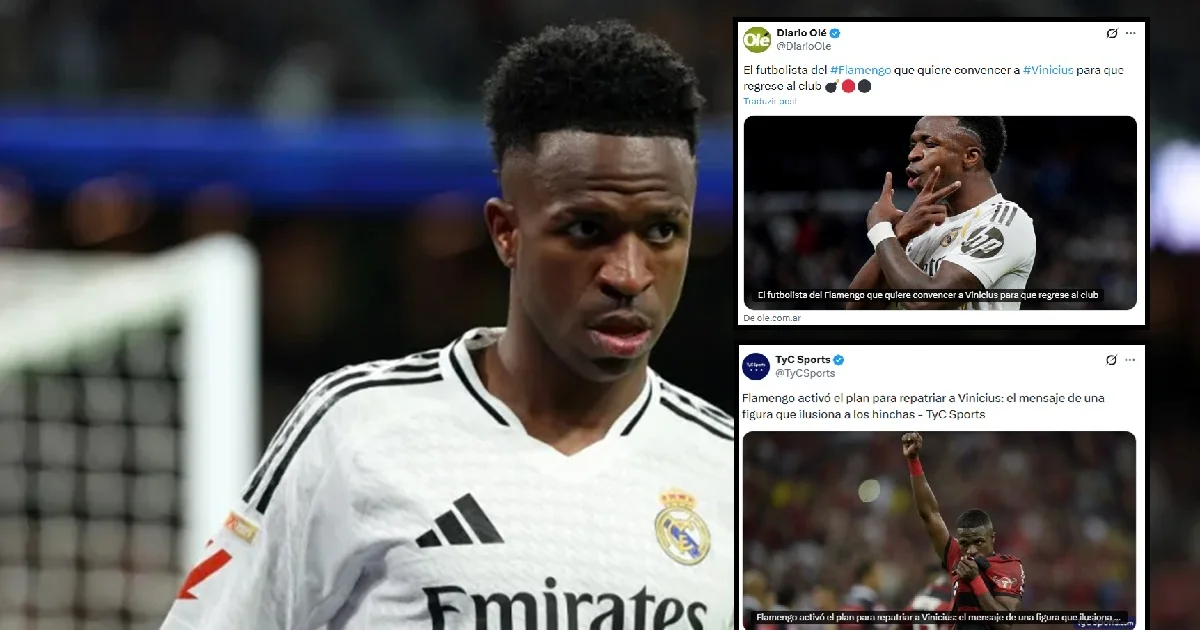 Silhueta de atacante sem rosto correndo rumo ao estádio em vermelho e preto, com manchetes da imprensa argentina sobre possível retorno.