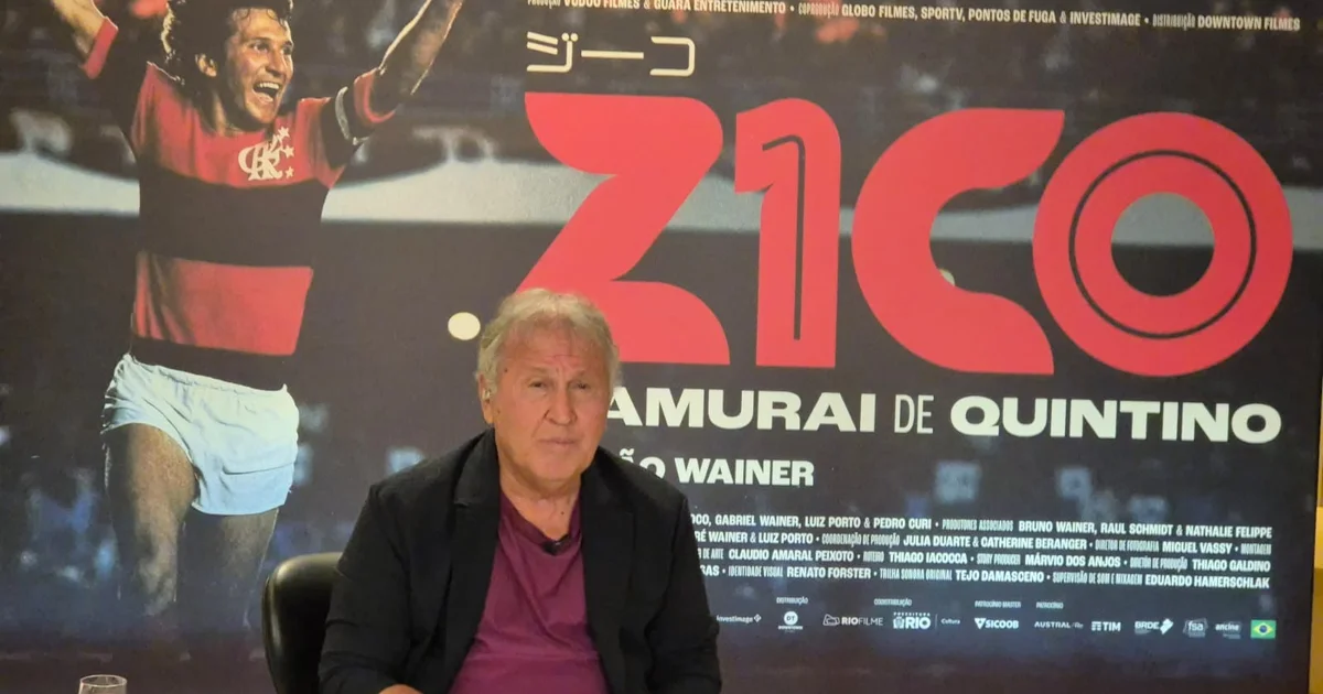 Ilustração da pré-estreia do documentário sobre Zico na Barra: tapete vermelho no shopping, público e silhueta de ex-jogador com bola